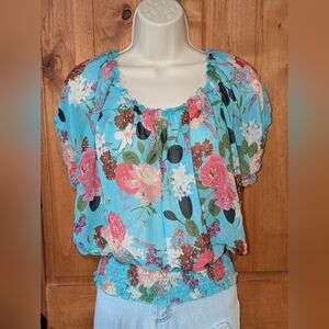 BONGO‎ Blue and Pink Flutter Sleeve Smocked Blouse